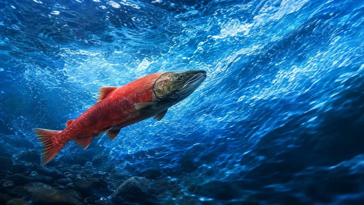 Salmão nadando contra correnteza azul intensa símbolo de direção própria