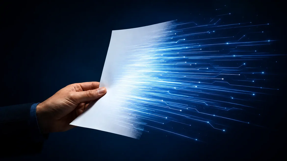 Mão transformando edital em luz digital organizada prompt para resumir edital