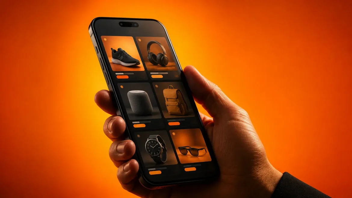 Mão segurando smartphone com loja virtual brilhante ia para vender online