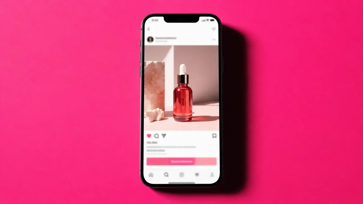 Smartphone exibindo feed de produto com legenda de destaque para anúncio no Instagram