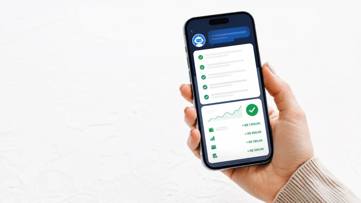 Mão de autônomo segurando celular com telas de IAs para MEI