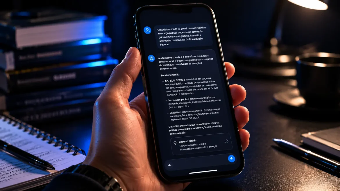 Mão com smartphone respondendo questão de IA para concurso público.