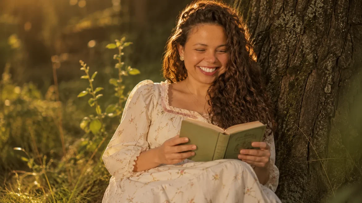 Jovem com vestido vintage lendo livro na floresta luz dourada prompts cottagecore IA
