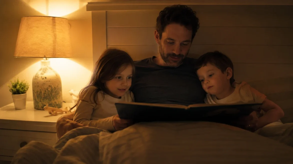 Pai lendo livro para crianças na cama luz de abajur prompts IA fotos Dia dos Pais