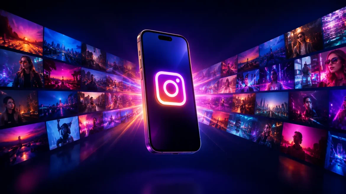 Smartphone com grade de posts brilhantes planejamento conteúdo Instagram com IA
