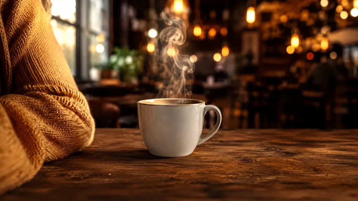 Xícara de cerâmica fumegando em mesa de café com suéter de malha e luzes âmbar prompts de inverno para fotos com IA