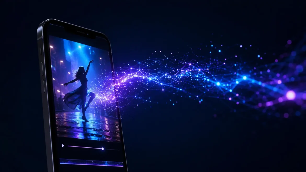 Smartphone gerando vídeo com IA pelo Gemini em luz azul Veo 3