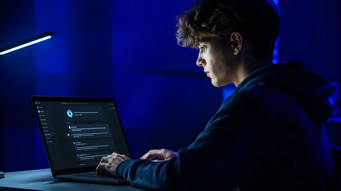 Estudante focado com notebook usando interface do ChatGPT para estudar