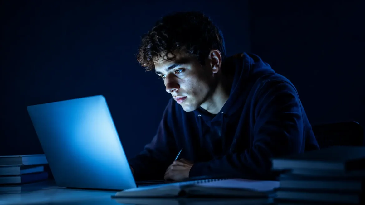 Estudante concentrado com tela de IA iluminando sala escura ferramentas de IA para estudantes