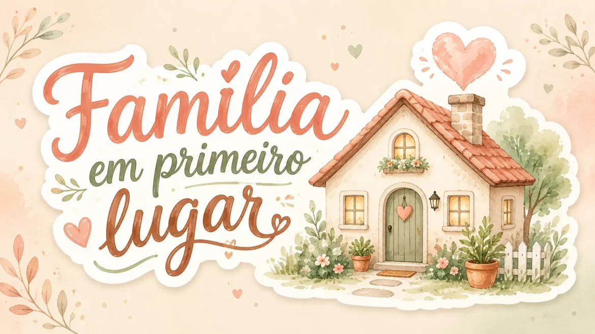 Adesivo família em primeiro lugar com casa e coração em aquarela adesivos de família.