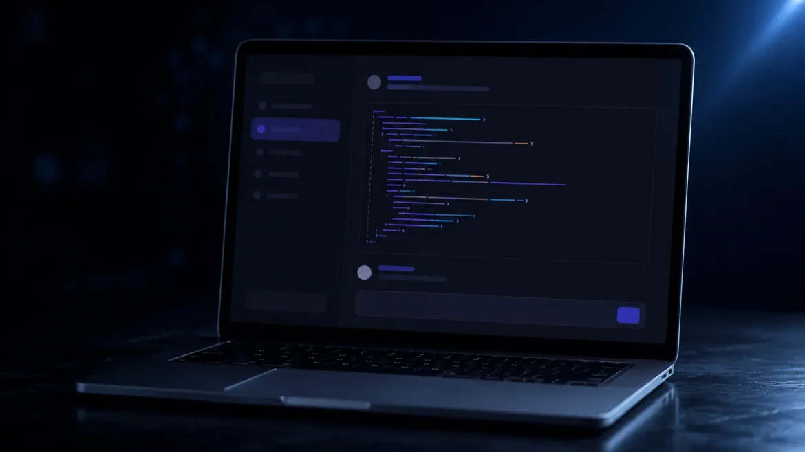Interface escura do Claude com código elegante em tela azul