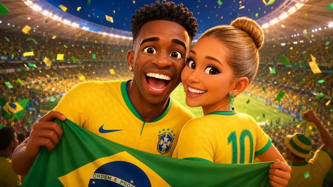 asal animado 3D em camisas amarelas em estádio da Copa do Mundo 2026 prompt Pixar casal Brasil