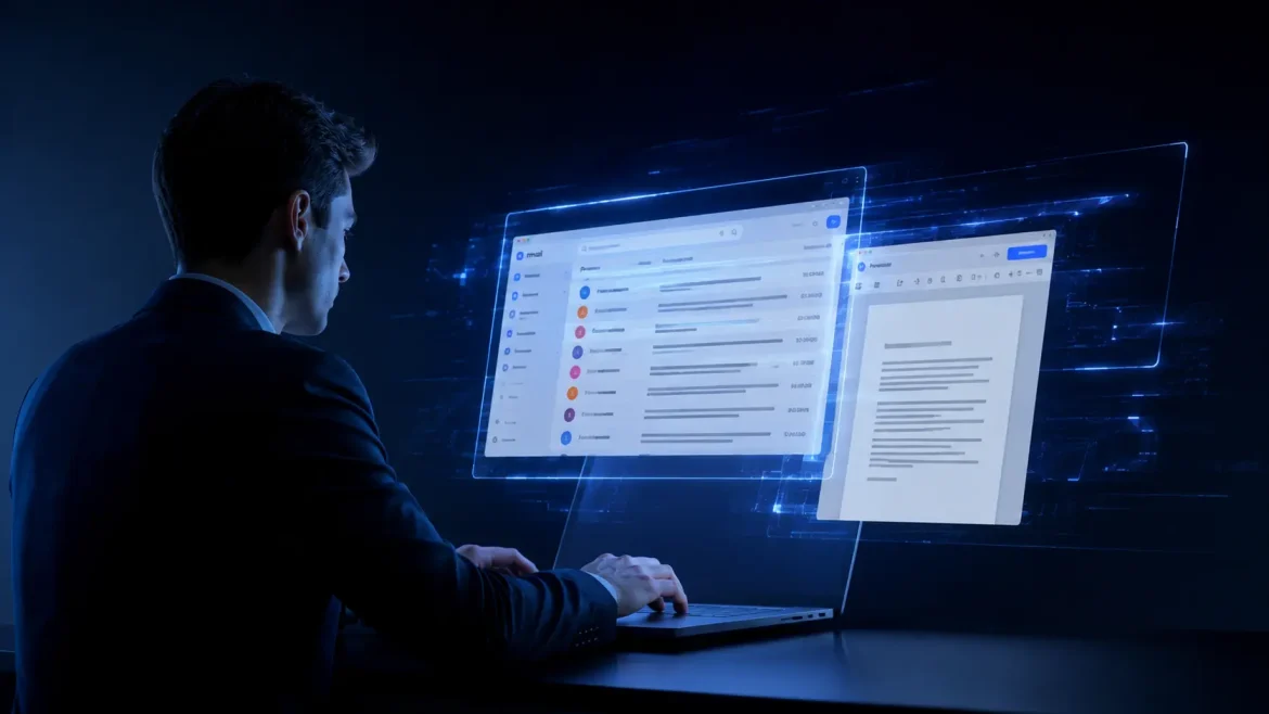 Profissional organizando tela dupla com Gmail Docs e Sheets iluminados pelo Gemini no Google Workspace