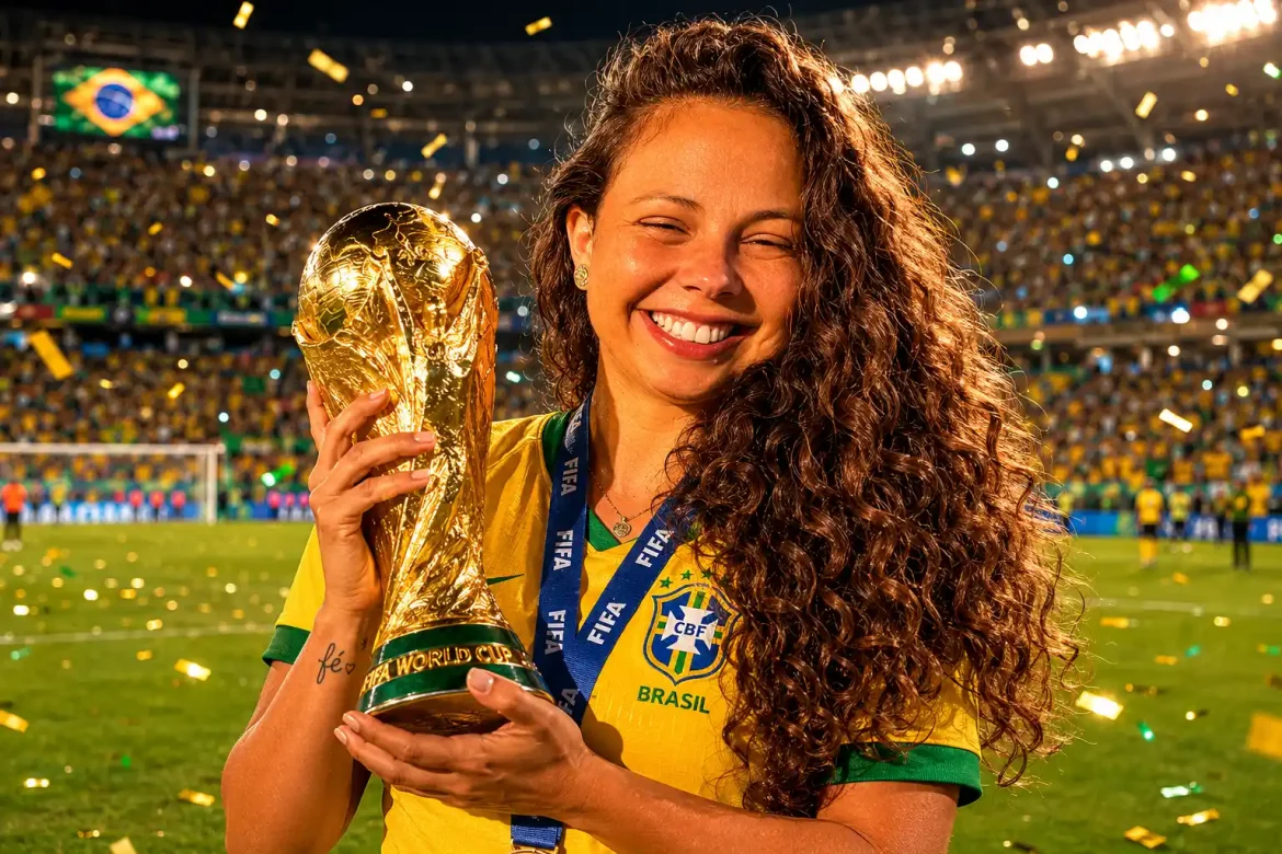 Pessoa segurando taça Copa estádio confete dourado foto taça