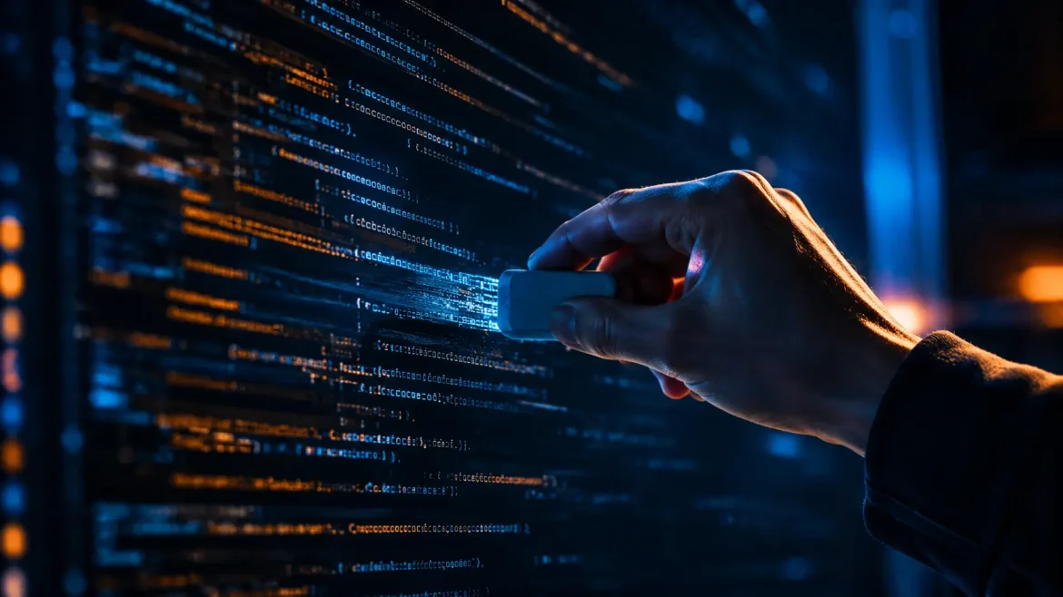 Mão apagando texto antigo escreve novo código de prompt