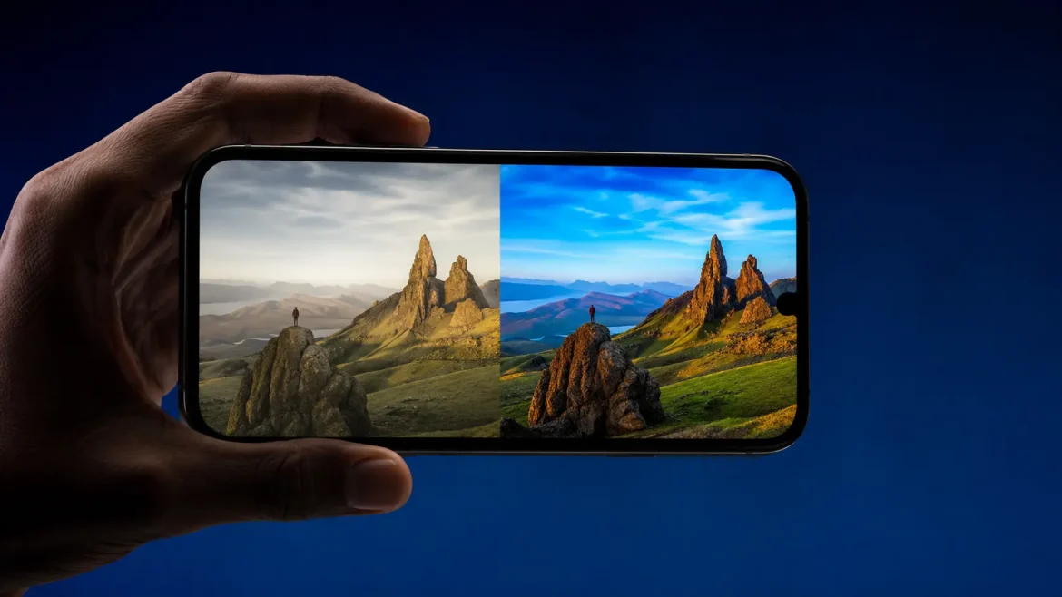 Mão segurando celular com foto nítida e vibrante transformada por prompts IA fotos 4K
