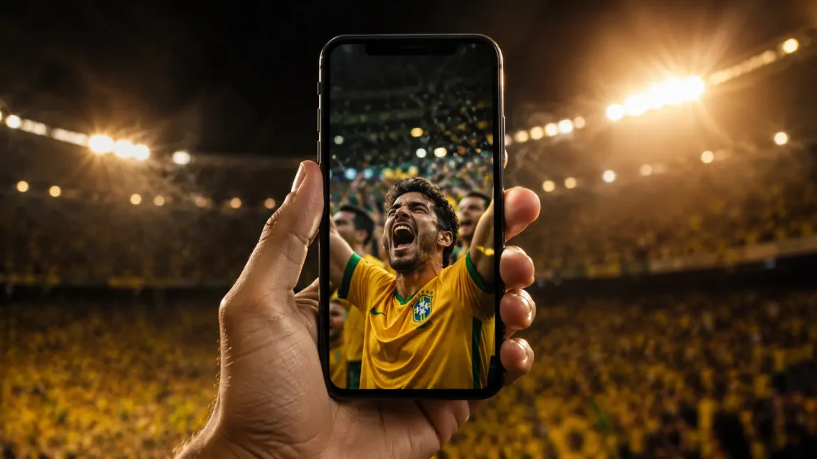 Mão segurando celular com torcedor gerado por IA arquibancada Copa 2026