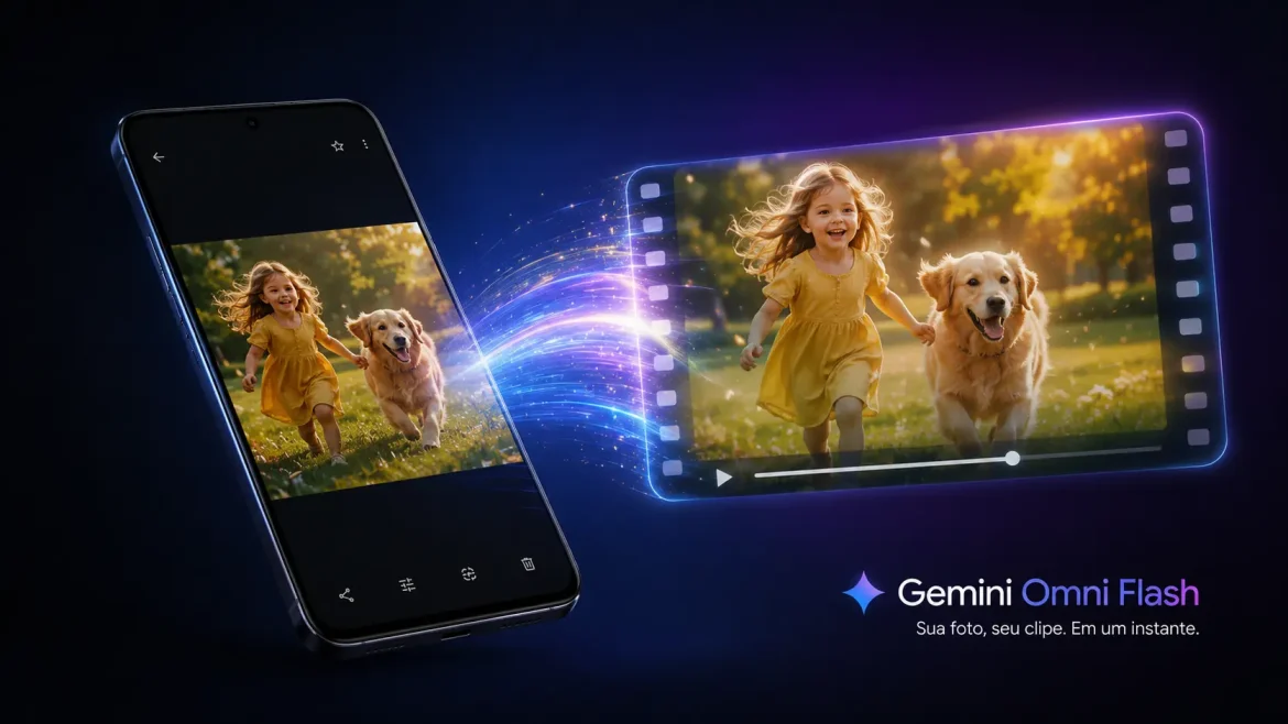 Smartphone com foto animando em clipe pelo Gemini Omni Flash