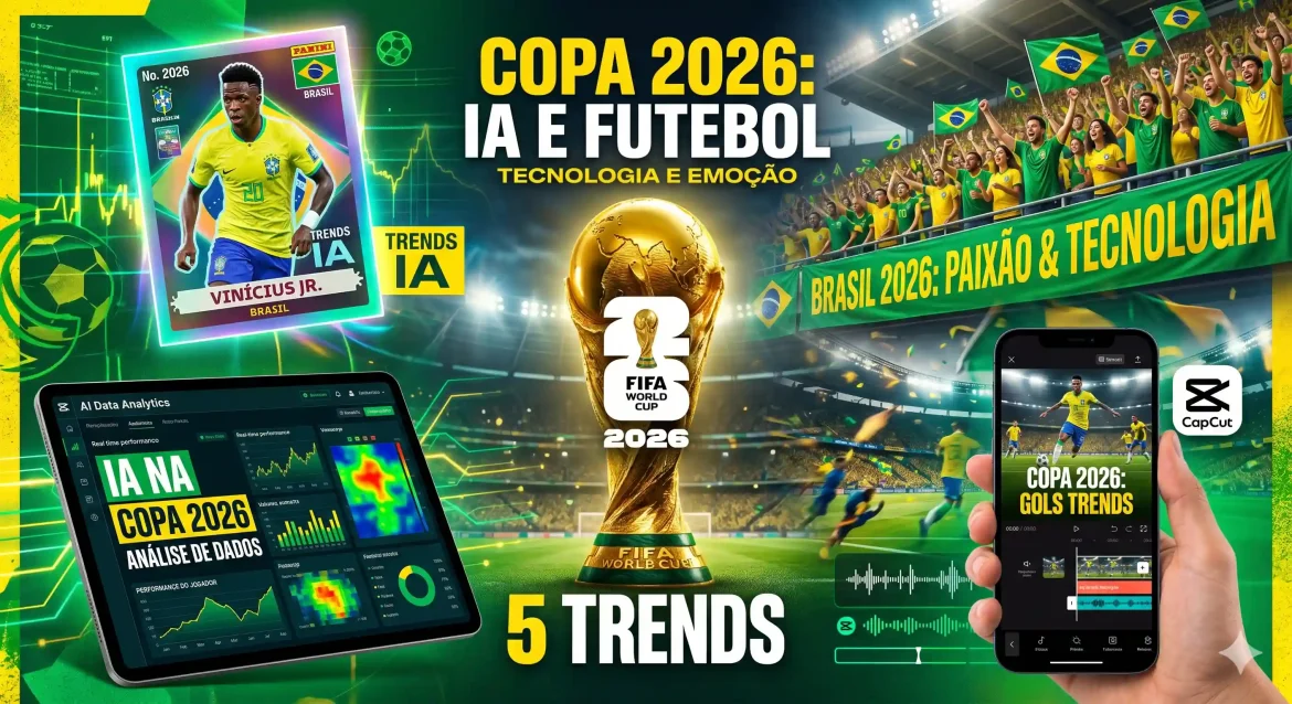 Cinco trends Copa 2026 IA figurinha taça arquibancada bolão