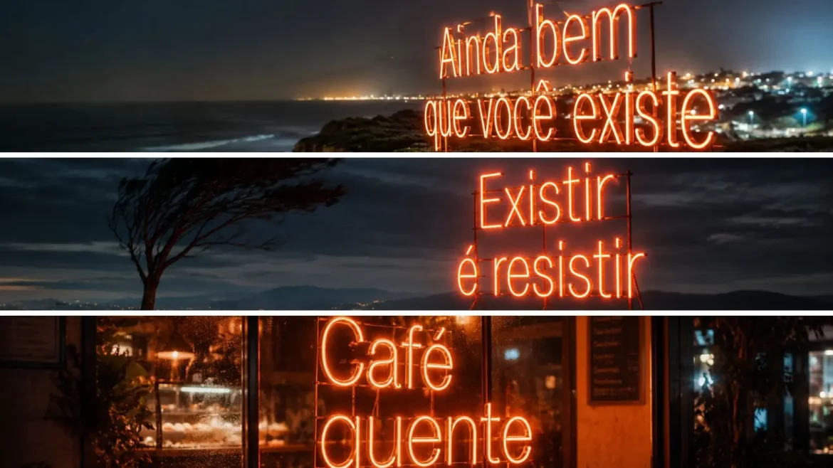 Letreiro de neon com frase em português em penhasco noturno letreiros de neon