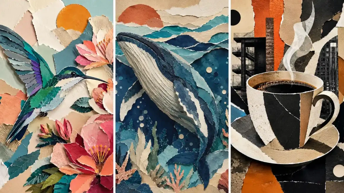 49 prompts de pôster colagem papel rasgado com IA