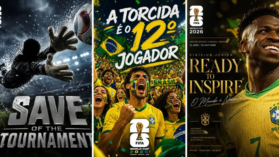 Pôster esportivo com jogador comemorando gol iluminação verde e amarela prompts pôsteres Copa do Mundo 2026 IA