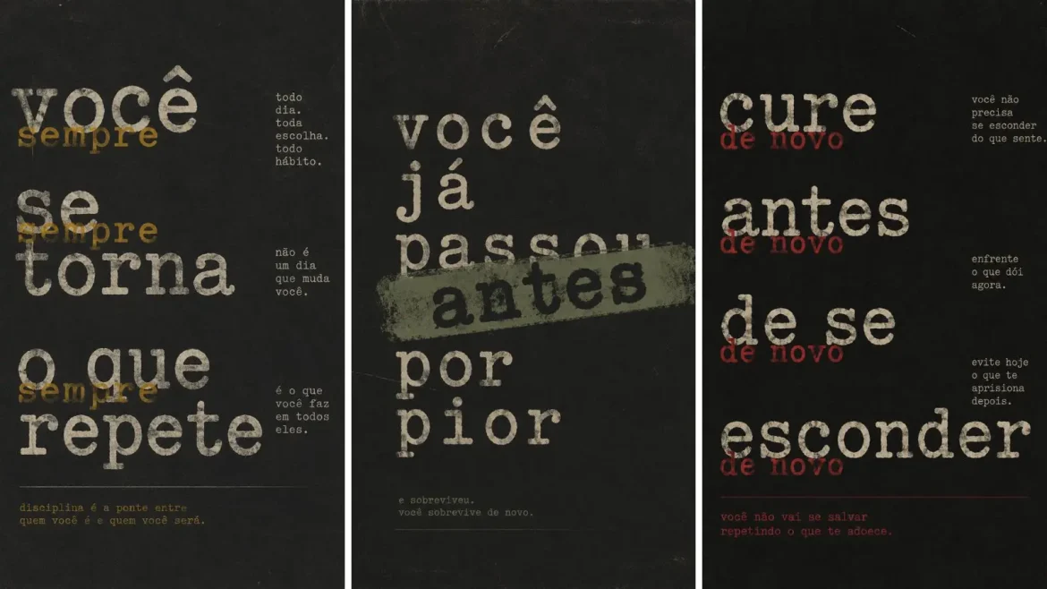 Pôster tipográfico com frase em português e palavra carimbada pôsteres tipográficos