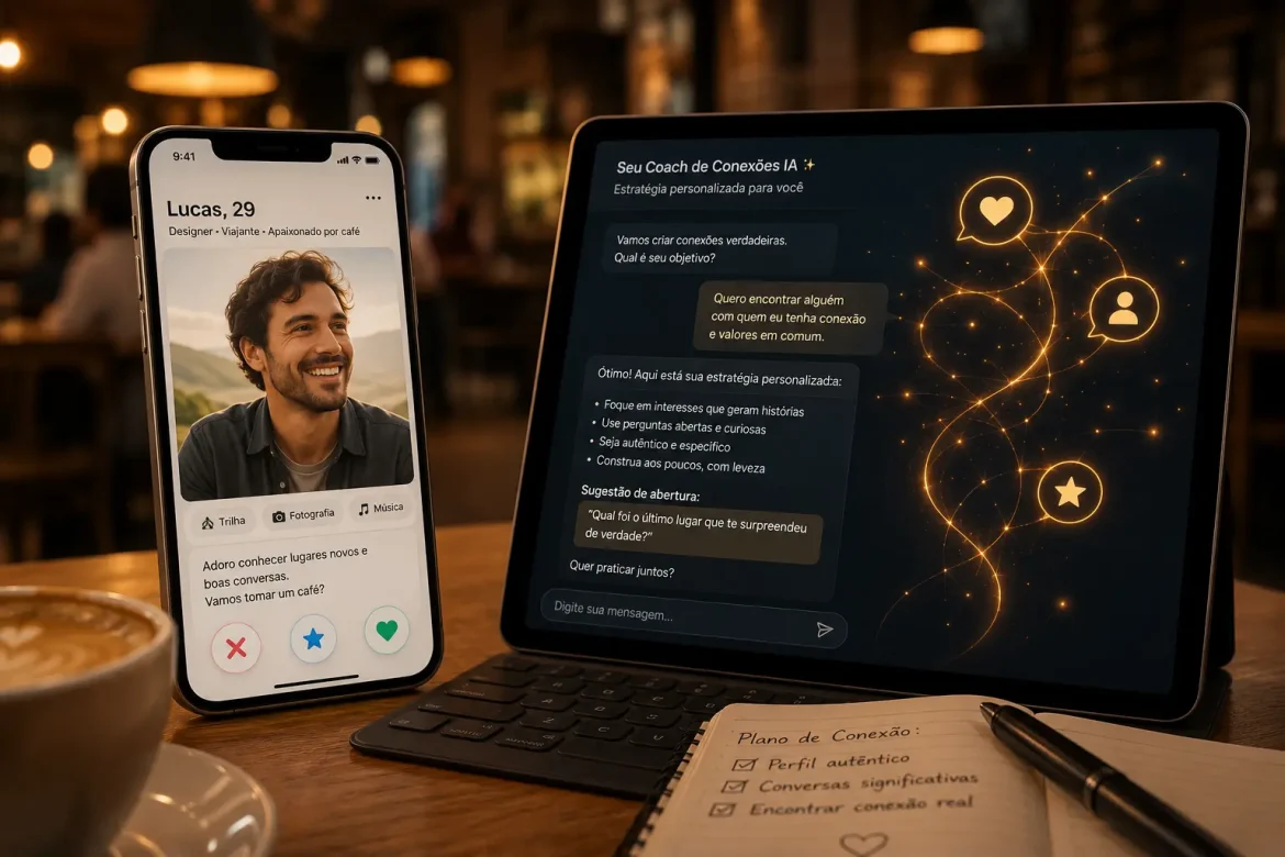 Um celular exibe um perfil em um aplicativo de relacionamento ao lado de uma interface de chat de IA, com linhas abstratas conectando os dois, simbolizando uma assistência inteligente e calorosa para a vida amorosa.