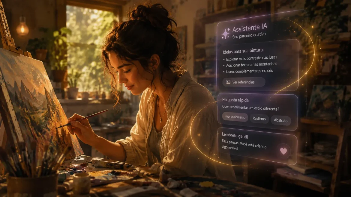 Uma pessoa está completamente absorta em uma atividade manual criativa, com uma expressão serena e focada, enquanto uma interface de IA translúcida ao seu lado sugere ideias e organiza o ambiente, simbolizando o apoio da tecnologia à experiência humana de flow.