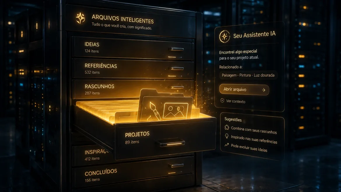 Um arquivo digital futurista e organizado tem uma gaveta levemente aberta, revelando ícones brilhantes de imagens, simbolizando a descoberta e o alívio de encontrar criações perdidas no ChatGPT.