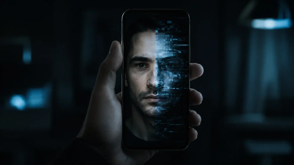 Close-up de um celular numa mão, com a tela mostrando um rosto metade nítido, metade digitalmente distorcido — representação visual da linha entre conteúdo real e manipulado por IA.