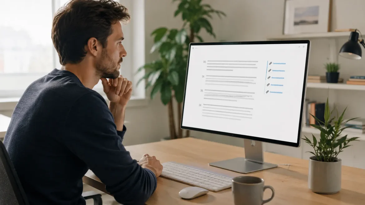 Ambiente de trabalho moderno mostrando o momento de checagem de uma resposta de IA com citações — reforça o tema central do artigo: usar a ferramenta com critério, não só copiar a resposta.