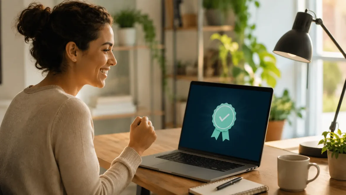 Pessoa comemorando a conclusão de um curso online, tela com selo de certificação visível, ambiente de trabalho remoto.