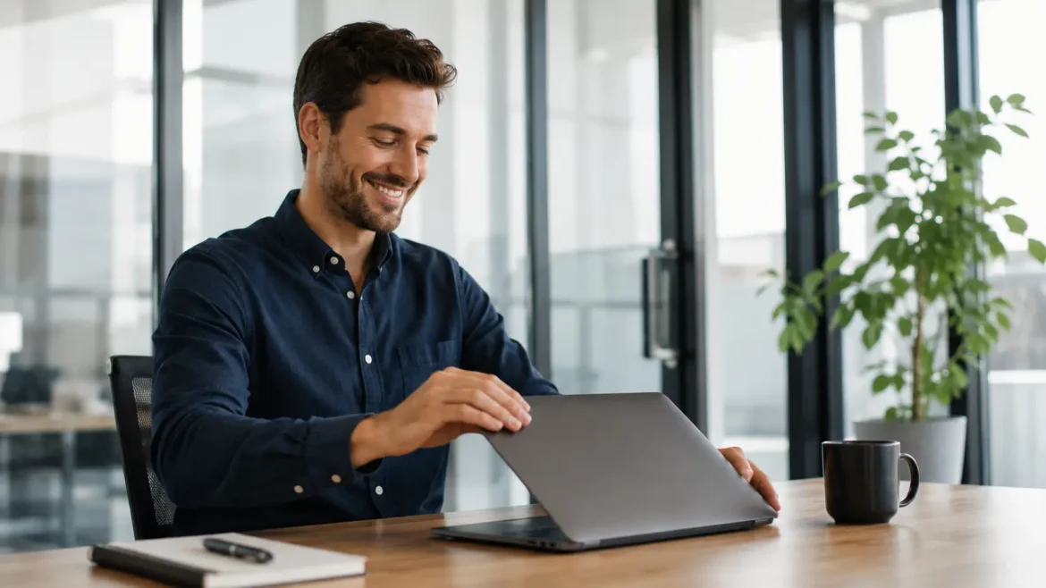 cena que representa o resultado (alívio de ter resolvido o email difícil), não o processo de digitação — evita cliché de "mãos no teclado".