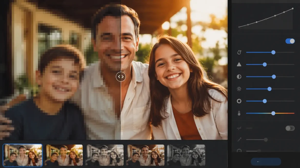 Comparação lado a lado ilustrando o "antes e depois" de uma foto borrada corrigida por IA, reforçando o tema central do guia sem simular uma marca específica.