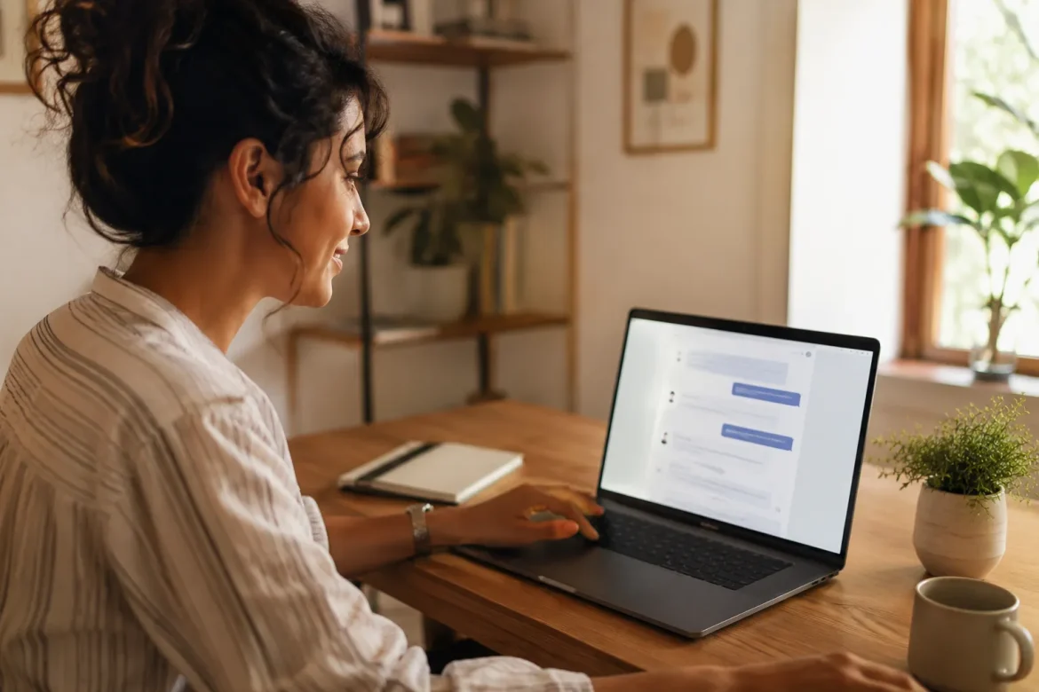 Cena de home office com empreendedora usando notebook, representando a sensação de clareza ao conseguir uma resposta certeira da IA — o resultado do método, não o processo de digitar.