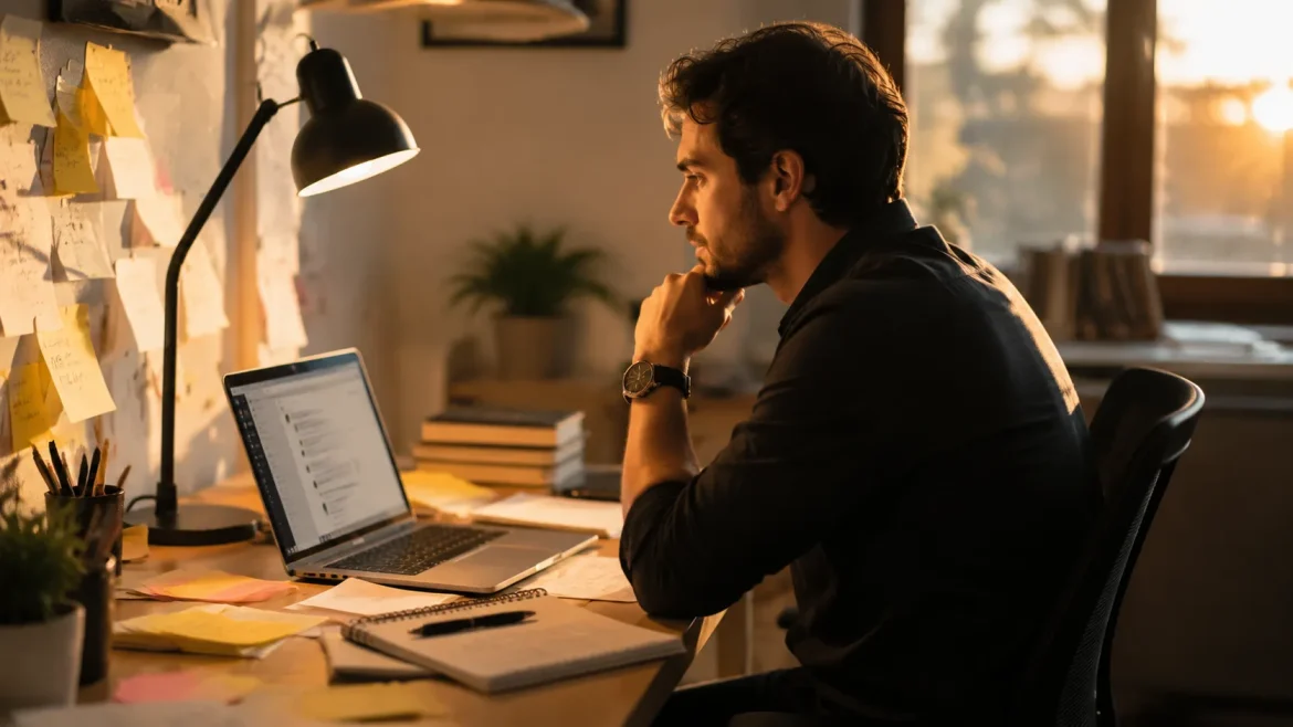 Uma pessoa está sentada à mesa, olhando pensativamente para a tela do notebook, onde há uma conversa com uma IA aberta. Ao redor, post-its e anotações manuscritas sugerem um processo de reflexão ativo, não apenas cópia de resposta pronta. A luz suave de fim de tarde reforça o clima de pausa e raciocínio.