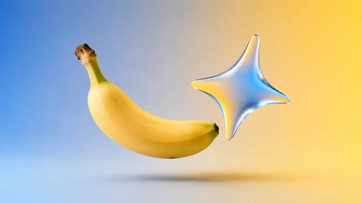 Composição minimalista comparando visualmente o ícone popular do Nano Banana com o símbolo do Gemini, sugerindo a relação entre apelido e produto oficial — sem reproduzir nenhuma marca ou logotipo real.