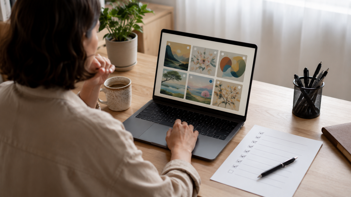 Uma pessoa trabalha em um laptop com miniaturas de imagens geradas por IA na tela, ao lado de uma lista de verificação impressa, em ambiente de escritório claro e organizado.