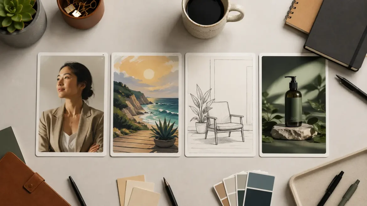Mesa de trabalho criativa com diferentes estilos de imagem gerados por IA lado a lado, representando a escolha entre ferramentas.