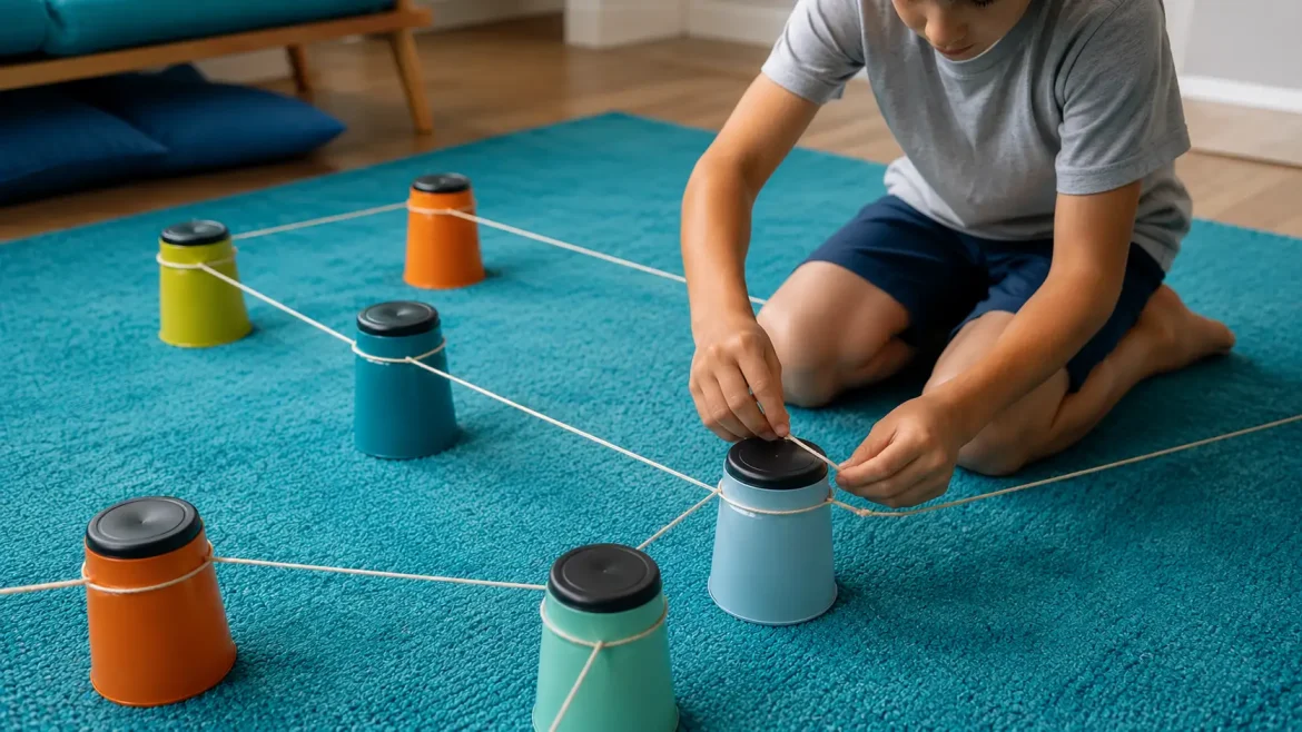Mãos de criança montando circuito com potes, brincadeiras educativas com IA