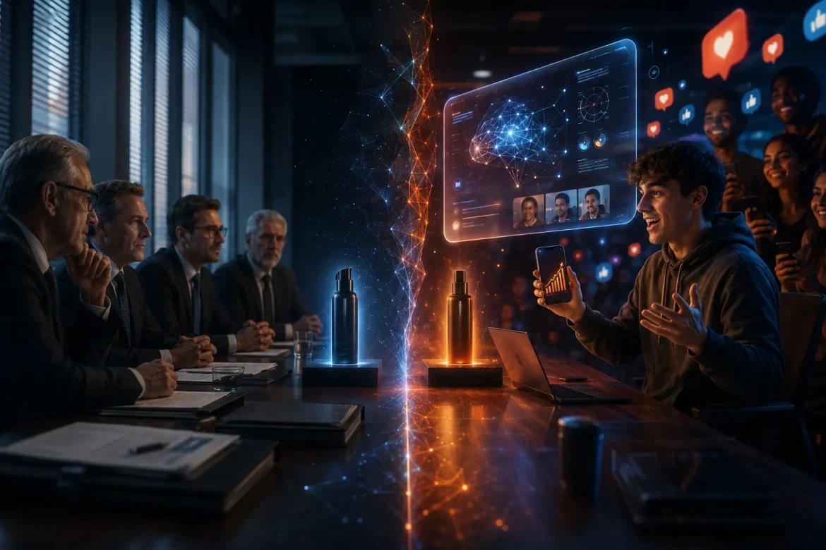 Ilustração comparando o modelo tradicional de negócios com o novo empreendedorismo digital impulsionado por criadores de conteúdo e inteligência artificial.