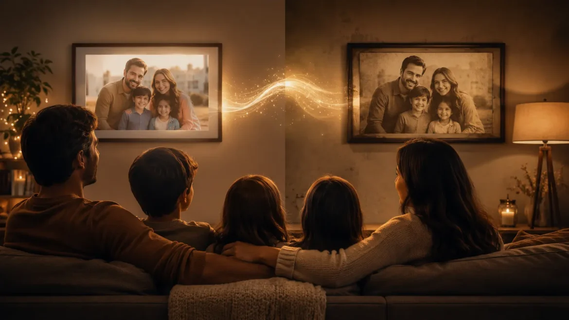 Comparação entre uma foto de família contemporânea e sua transformação em estilo cinematográfico antigo usando inteligência artificial.