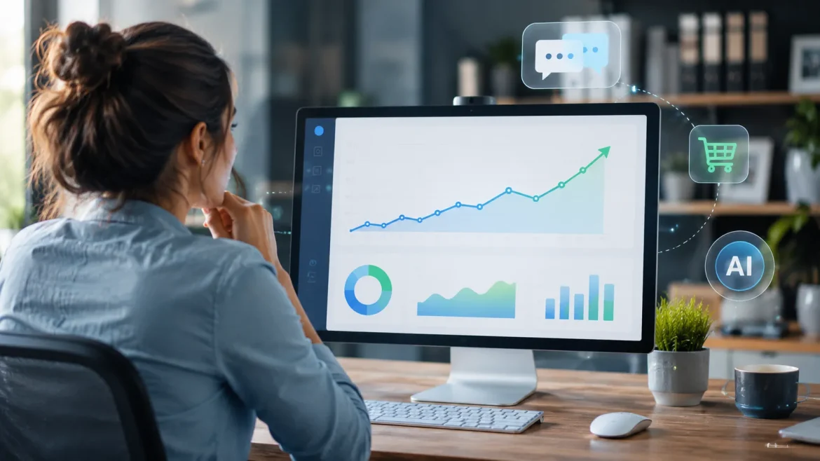 Ilustração de um painel de analytics com uma curva de tráfego em ascensão, elementos discretos remetendo a conversas de IA e um símbolo de conversão, comunicando "visibilidade em IA que se traduz em resultado".