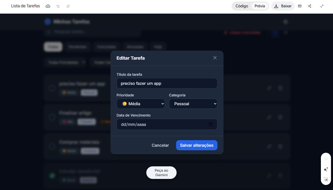 A lista de tarefas com filtro de pesquisa e modo escuro ativado
