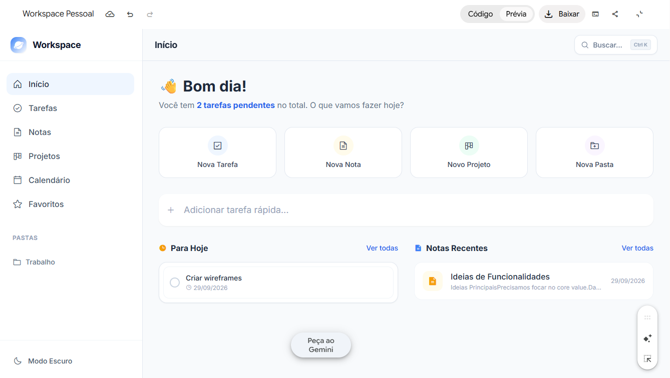 Dashboard do Workspace com integração de notas e projetos