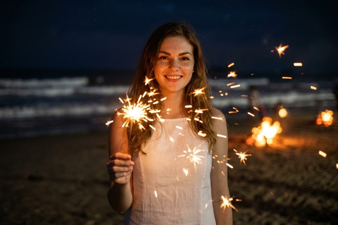 30 prompts em inglês para fotos de Réveillon e Ano Novo na praia no Gemini. Roupas brancas, golden hour e cenários noturnos. Copie e cole.