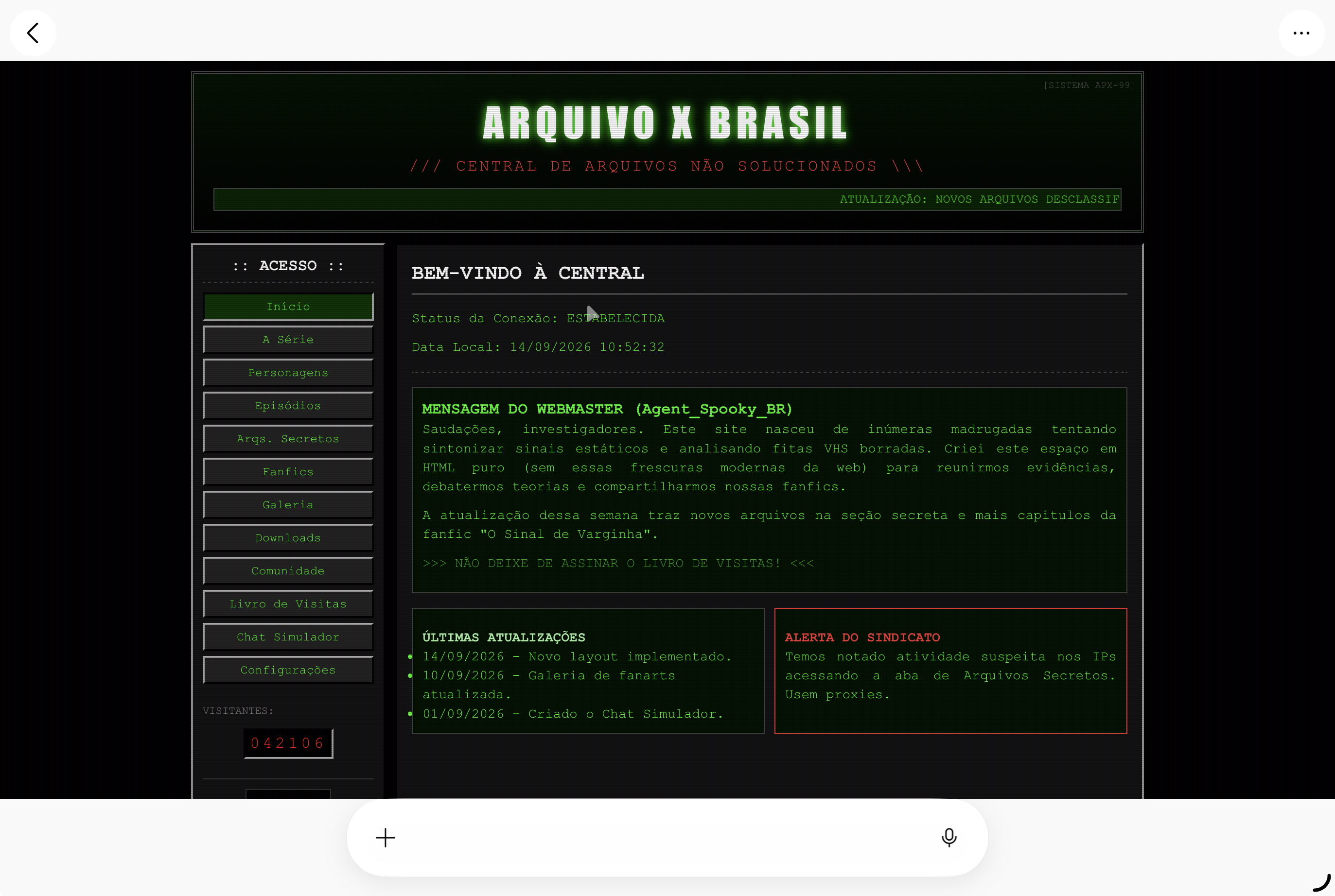 Portal Arquivo X nostálgico com contador de visitas