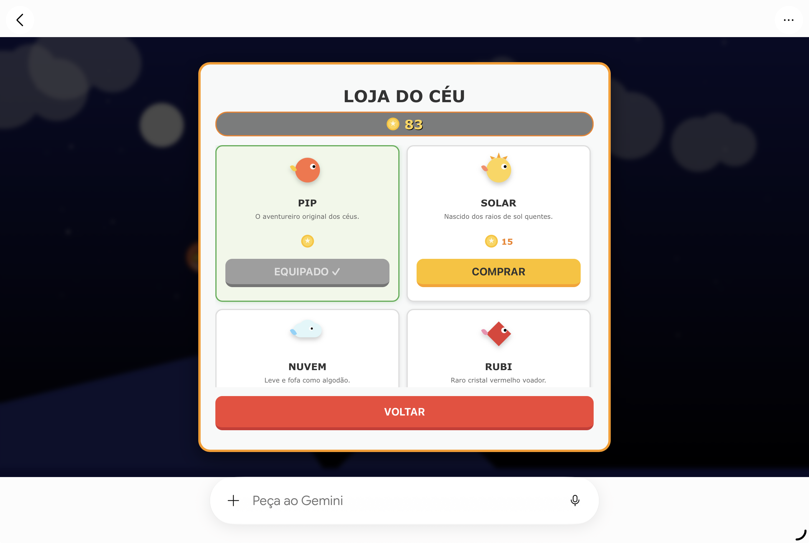 Menu inicial com opção de loja ativada