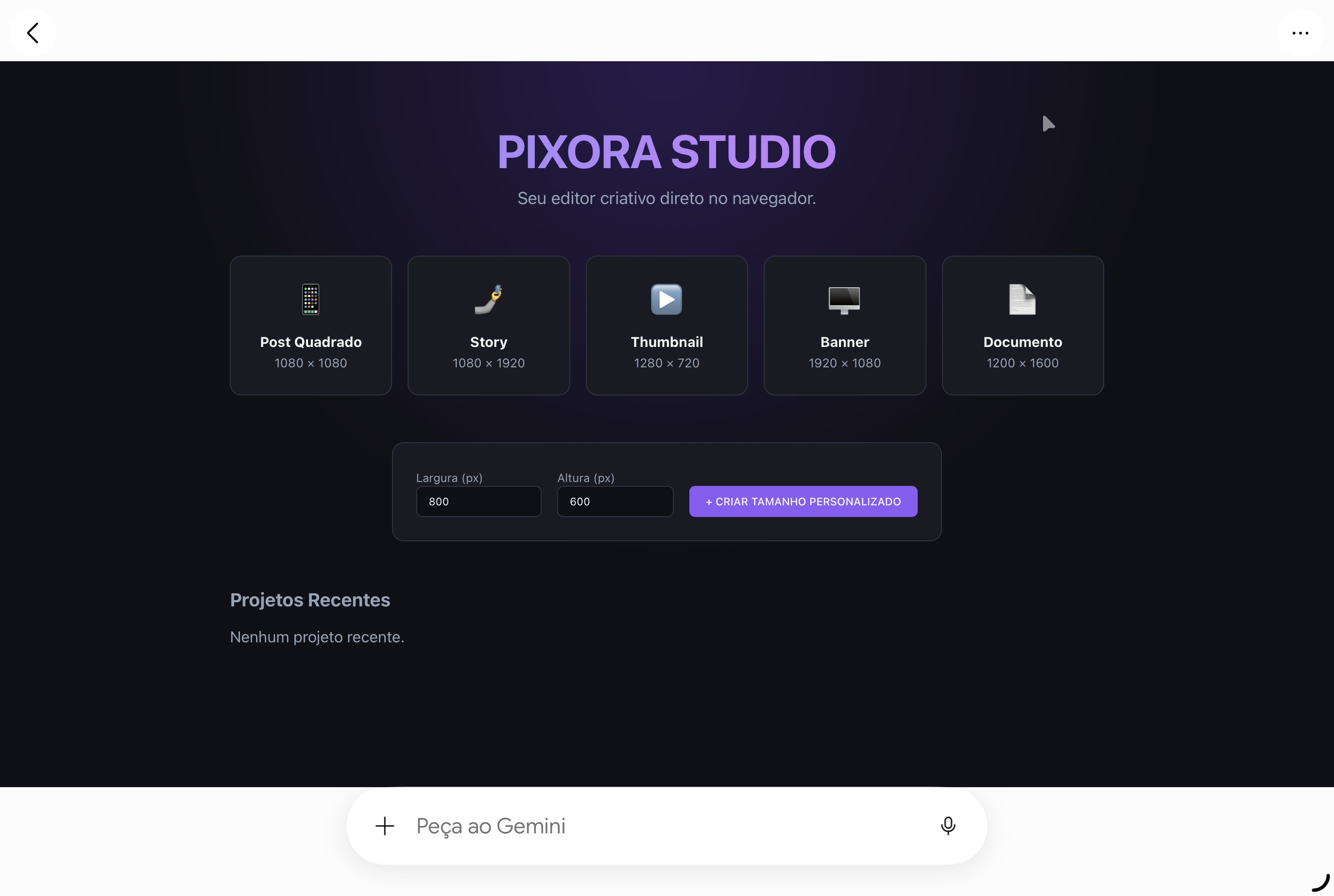 Interface inicial do Pixora gerada no prompt 1